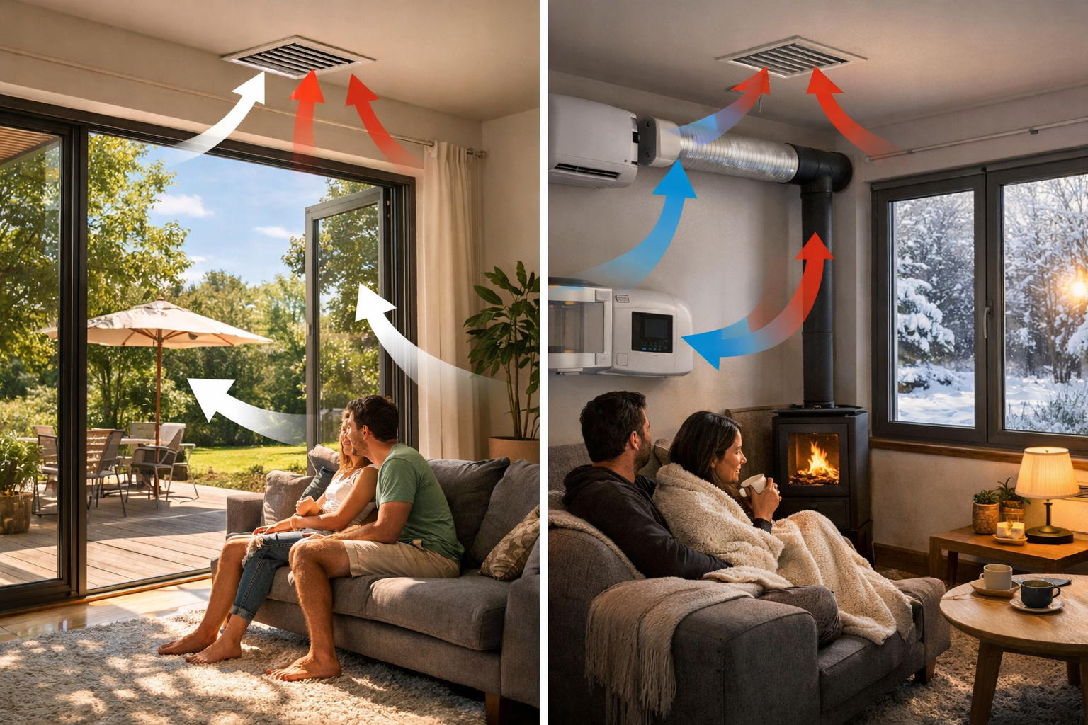 Système de ventilation maison passive été hiver - différences de fonctionnement et réglages saisonniers