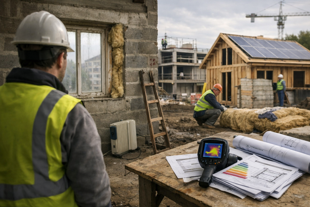 Ouvrier en casque regardant thermogramme sur ordinateur portable