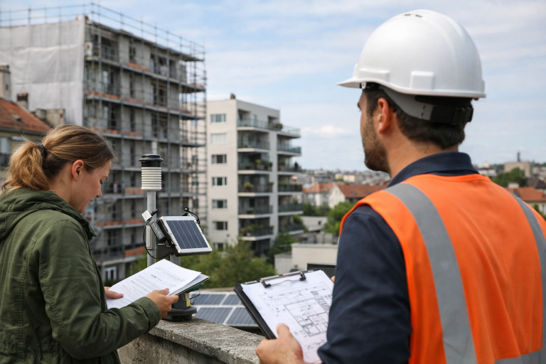 Deux ouvriers casqués et gilets consultant plans