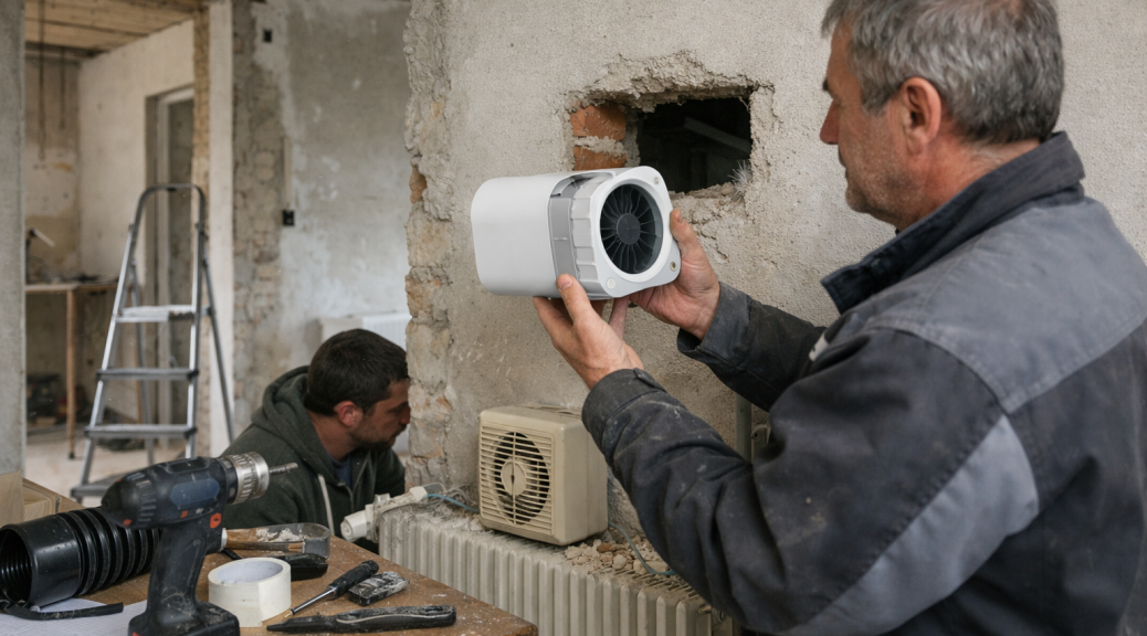 Deux techniciens installant une ventilation murale