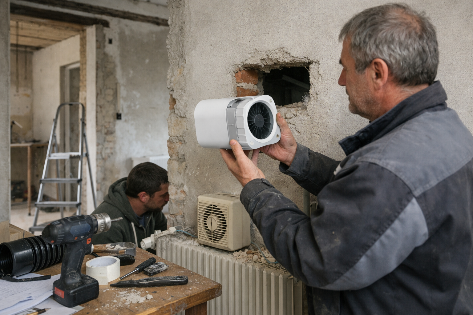 Deux techniciens installant une ventilation murale