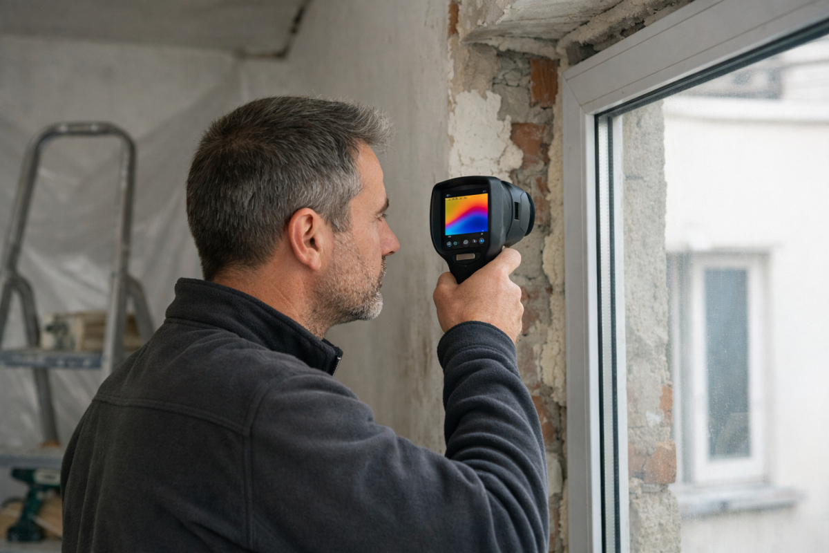 Technicien utilisant une caméra thermique près d'une fenêtre