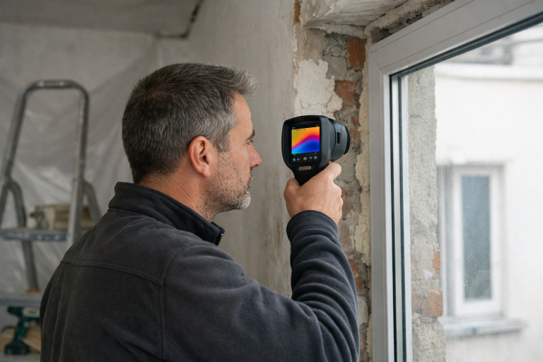 Technicien utilisant une caméra thermique près d'une fenêtre
