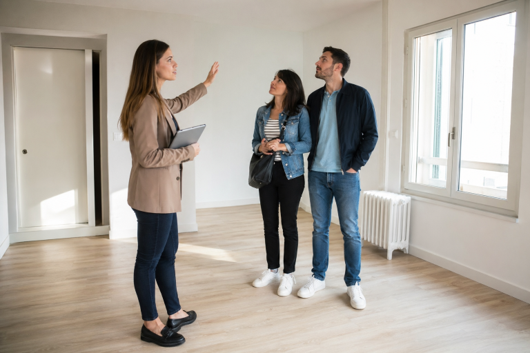 Agent immobilier montrant un appartement à un couple
