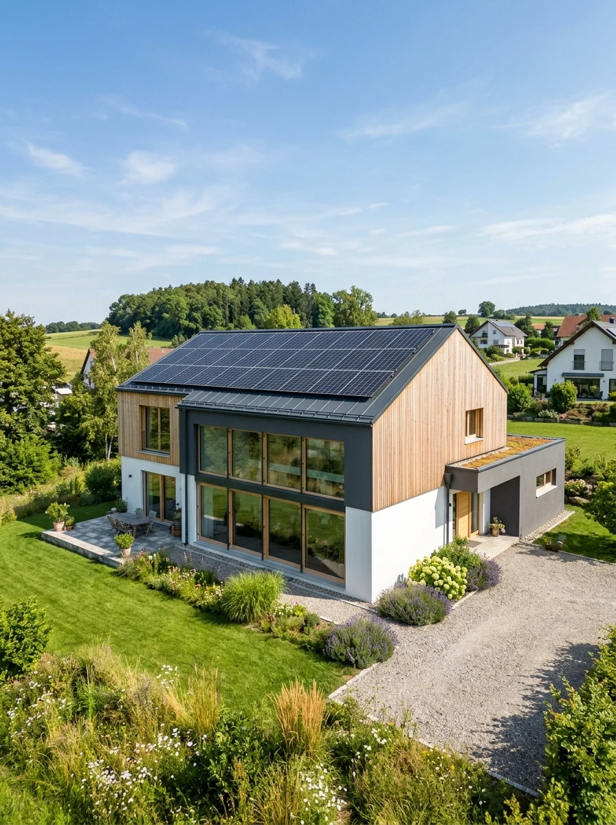 Maison passive moderne avec isolation performante et panneaux solaires