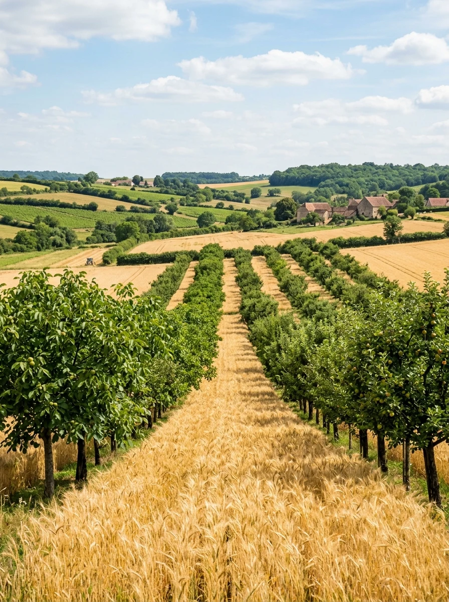 Paysage agricole français avec arbres fruitiers intégrés aux cultures céréalières