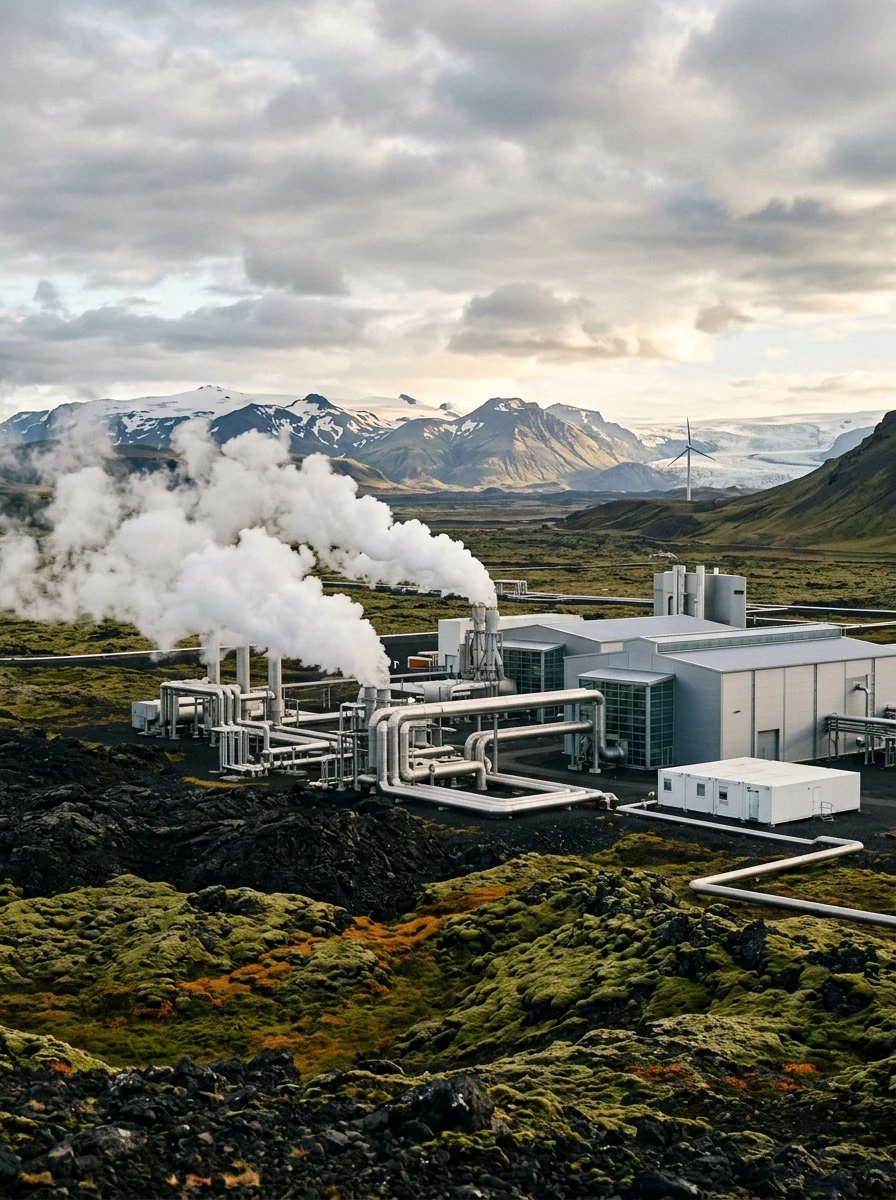Centrale géothermique avec vapeur s'élevant dans le paysage volcanique islandais