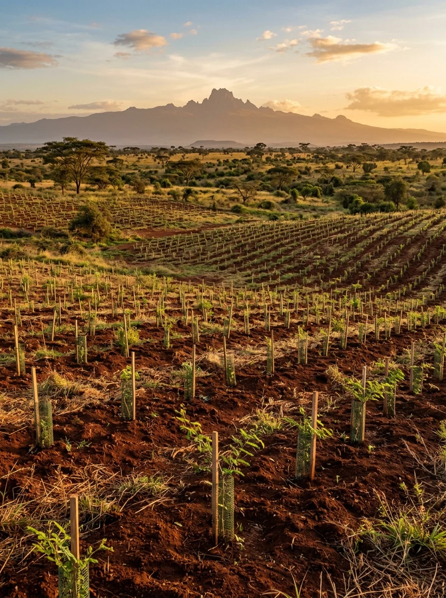 Jeunes arbres plantés dans le sol africain avec paysage de savane
