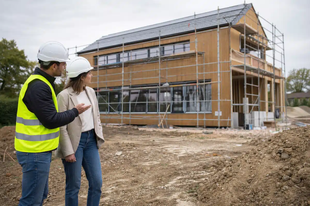 Deux professionnels du bâtiment devant maison en construction