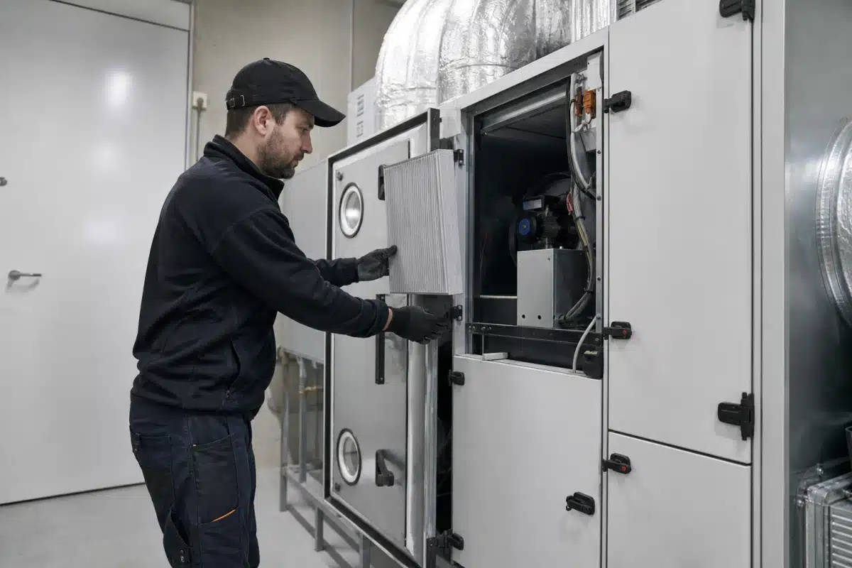 Technicien en gants ouvrant une armoire de traitement d'air